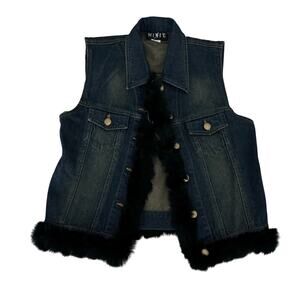 NWT Deadstock Vintage MixIt Distressed Denim Vest with Rabbit Fur Trim